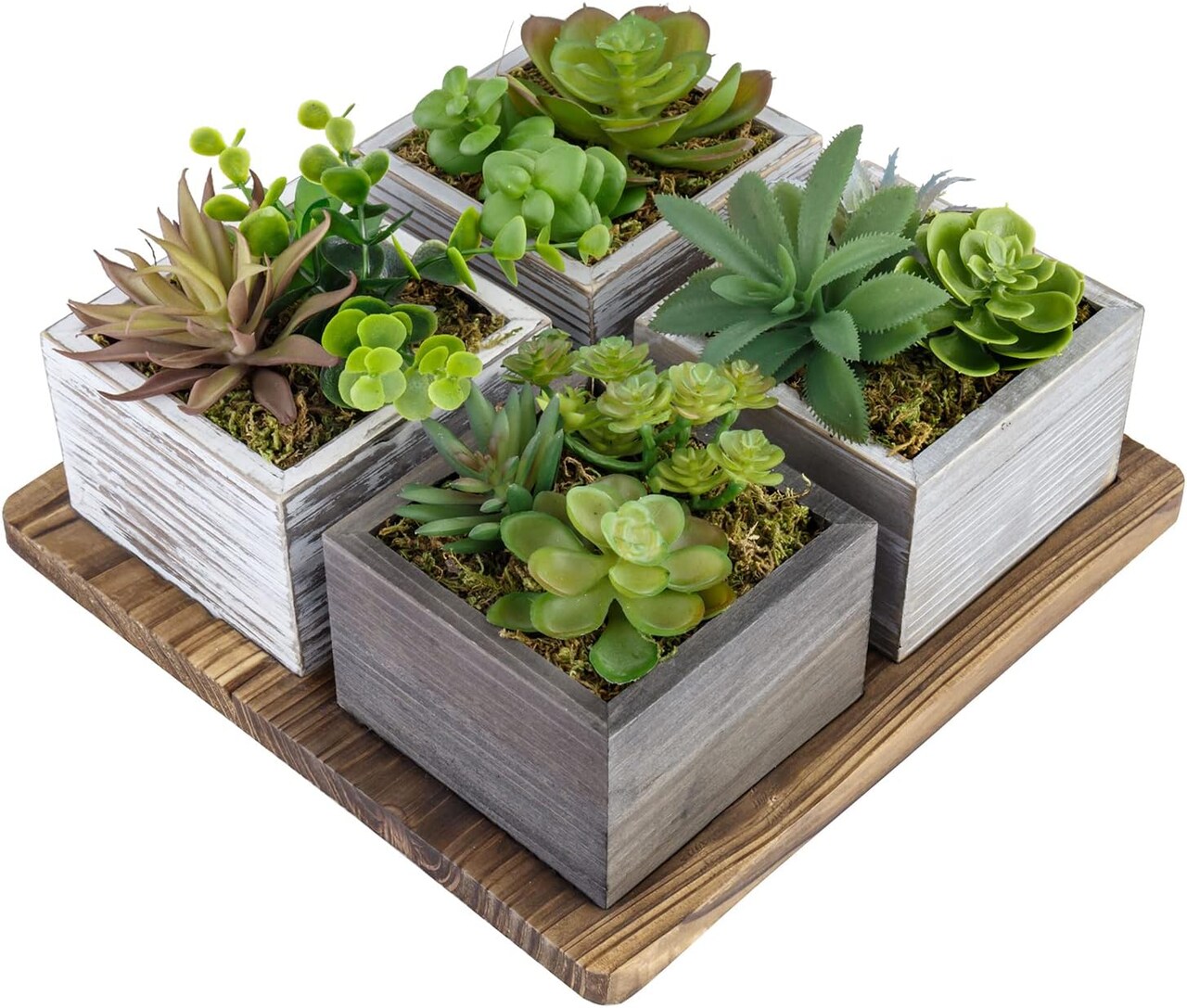 Artificial Succulent Arrangement Faux Plant Centerpiece with Decorative Rustic Wood Planter Boxes on Base Tray